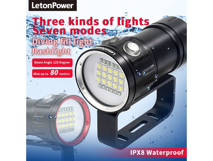 Lampe de photographie sous-marine professionnelle à 27 LED, lampe d'éclairage puissant, 20 000 lumens, lampe de plongée, étanche jusqu'à 100 m, torche pour caméra vidéo.