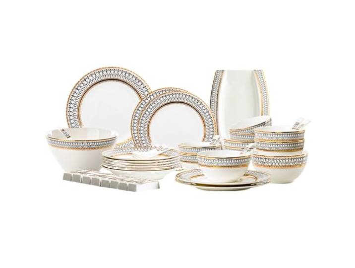 NNYCC Porzellan Geschirr Set 42 Stück Porzellangeschirr Set und kratzfestes Geschirr Sets Leichtgewicht Luxus Bone China Phnom Penh Geschirr Serie Gold