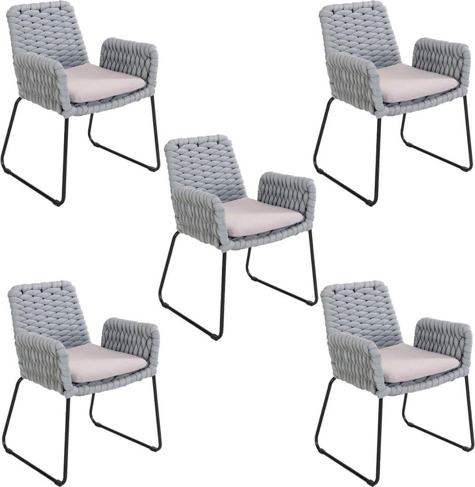 HOME DELUXE Gartenstuhl mit Armlehnen aus Seilgeflecht BALERO Hellgrau - 5er Set | Seilbespannung, Seilgewebe, Outdoor-Stuhl, Robust, Sitzkomfort, Aufwendig gefertigtes Flechtmuster