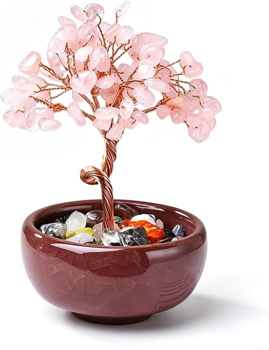 Levensboom van rozenkwarts edelsteen decoratie voor thuis en kantoor Feng Shui geluksbrenger
