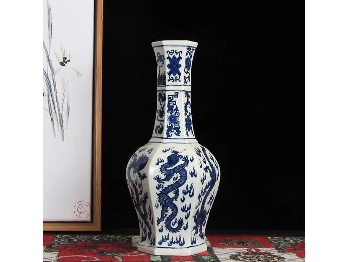 Vases en céramique bleu blanc pour fleurs grand Dragon Vintage Oriental Vase Chinoiserie Long cou Vase décoration