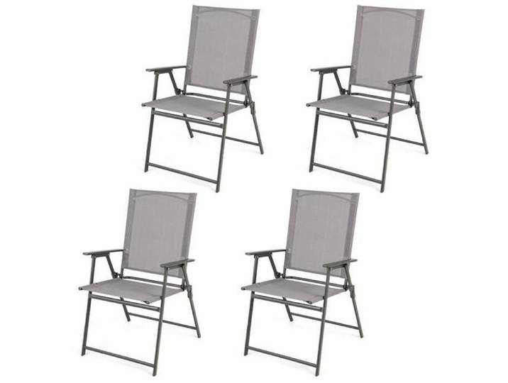 GOPLUS 4 Chaises de Jardin en Textilène avec Cadre Métallique Chaise Pliante avec Dossier Haut-Accoudoirs Chaise de Camping Gris