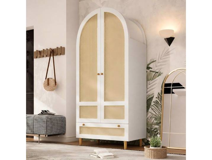 Armoire de Chambre 80x50x180 cm Façades Rotin Tiroir Penderie Grand Rangement Meuble Penderie pour Chambre Adulte - Blanc