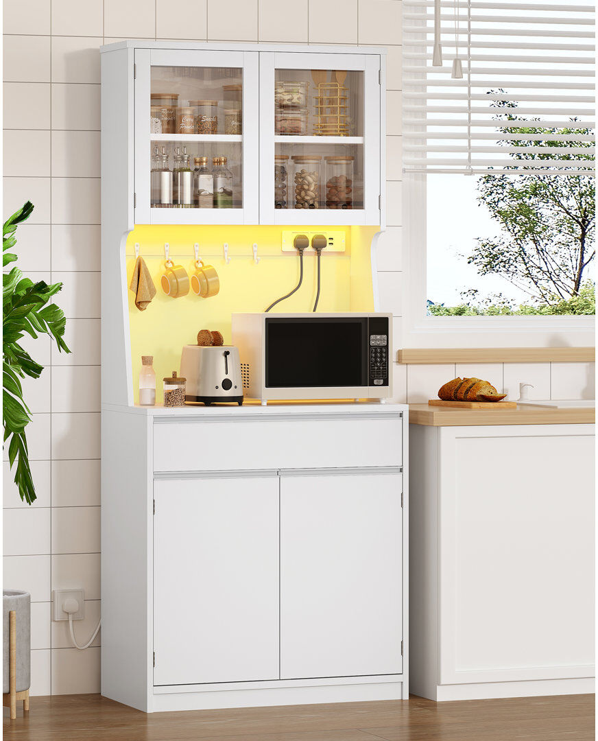 Hzuaneri Kitchen Cabinets with LED & Power Outlet, Tall Kitchen Cupboard with Countertop and Drawers, Pantry Storage Cabinet, Adjustable Shelves, for Dining Ro 75cm W X 180cm H X 40cm D
