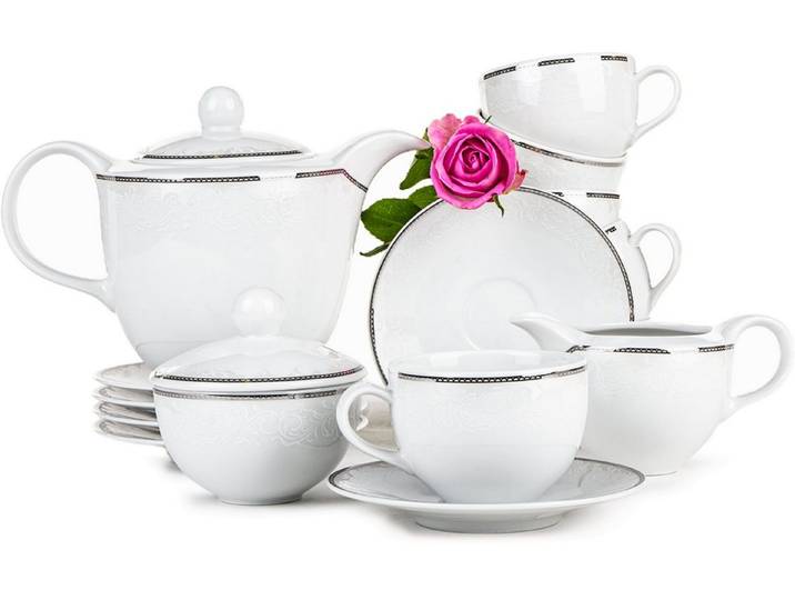 KONSIMO® Kaffeeservice AMELIA Tasse Untertasse Kaffeekannen (15-tlg), 6 Personen, Porzellan, rund, Klassisch-Stil