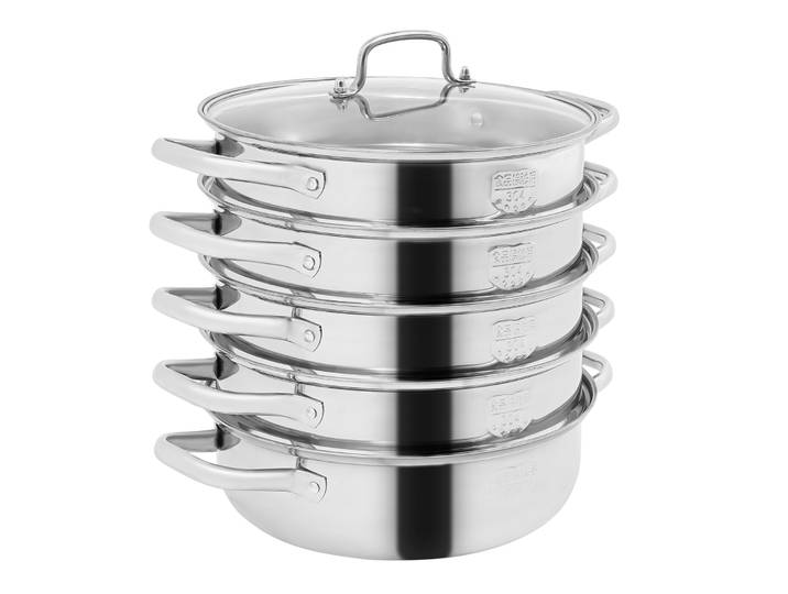 Casserole vapeur à 4 niveaux en acier inoxydable 304 de 28 cm, cuiseur vapeur avec couvercle en verre trempé pour crabe, homard et fruits de mer