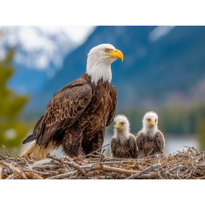 CALVENDO Puzzle Weißkopfseeadler mit Jungvögeln im Nest vor Bergkulisse | 1000 Teile Lege-Größe 64x48cm Foto-Puzzle für glückliche Stunden