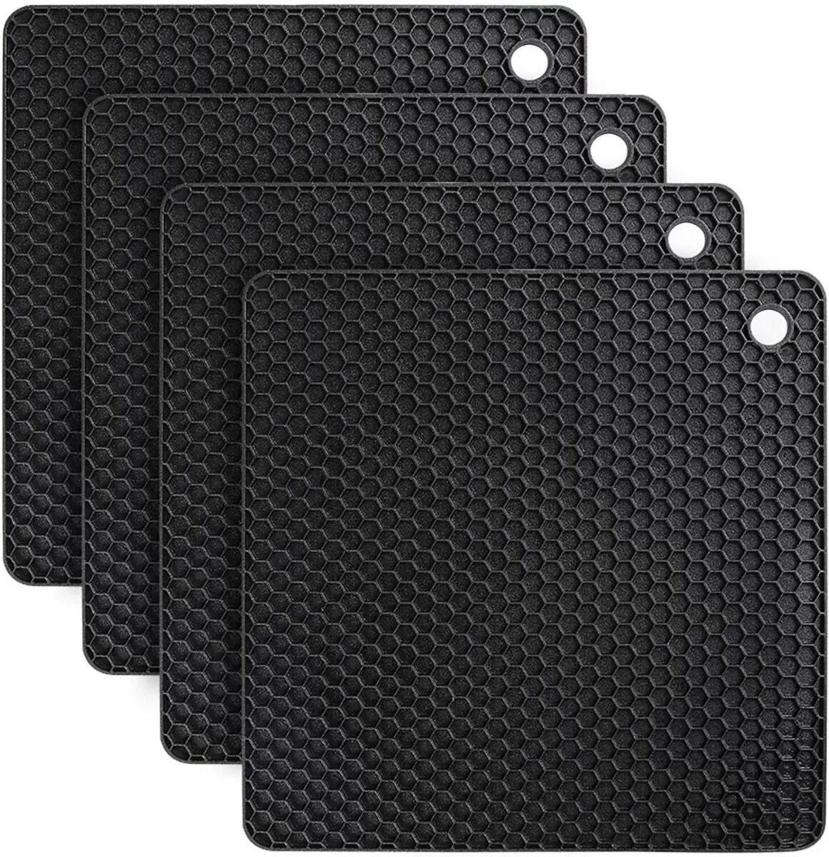 INF 4er-Set Silikon-Topflappen - 18cm Quadratische Hitzebeständige Untersetzer Schwarz