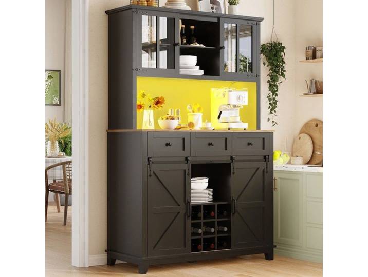Buffet haut cuisine noir 105x38 4x180cm - Vitrine étagères réglables éclairage LED couleurs variables