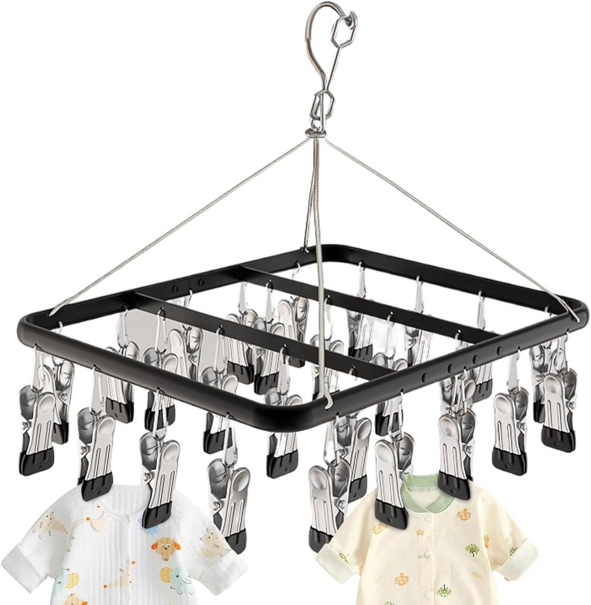 Hangend droogrek Was Helper met 36 clips in zwart voor ruimtebesparend kleding drogen