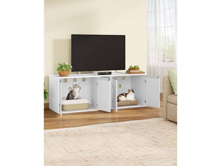 Meuble pour chat pour 2 chats, meuble pour litière pour chat, maison pour chat cachée avec deux pièces, peut être utilisé comme meuble TV, mobilier pour chat, blanc