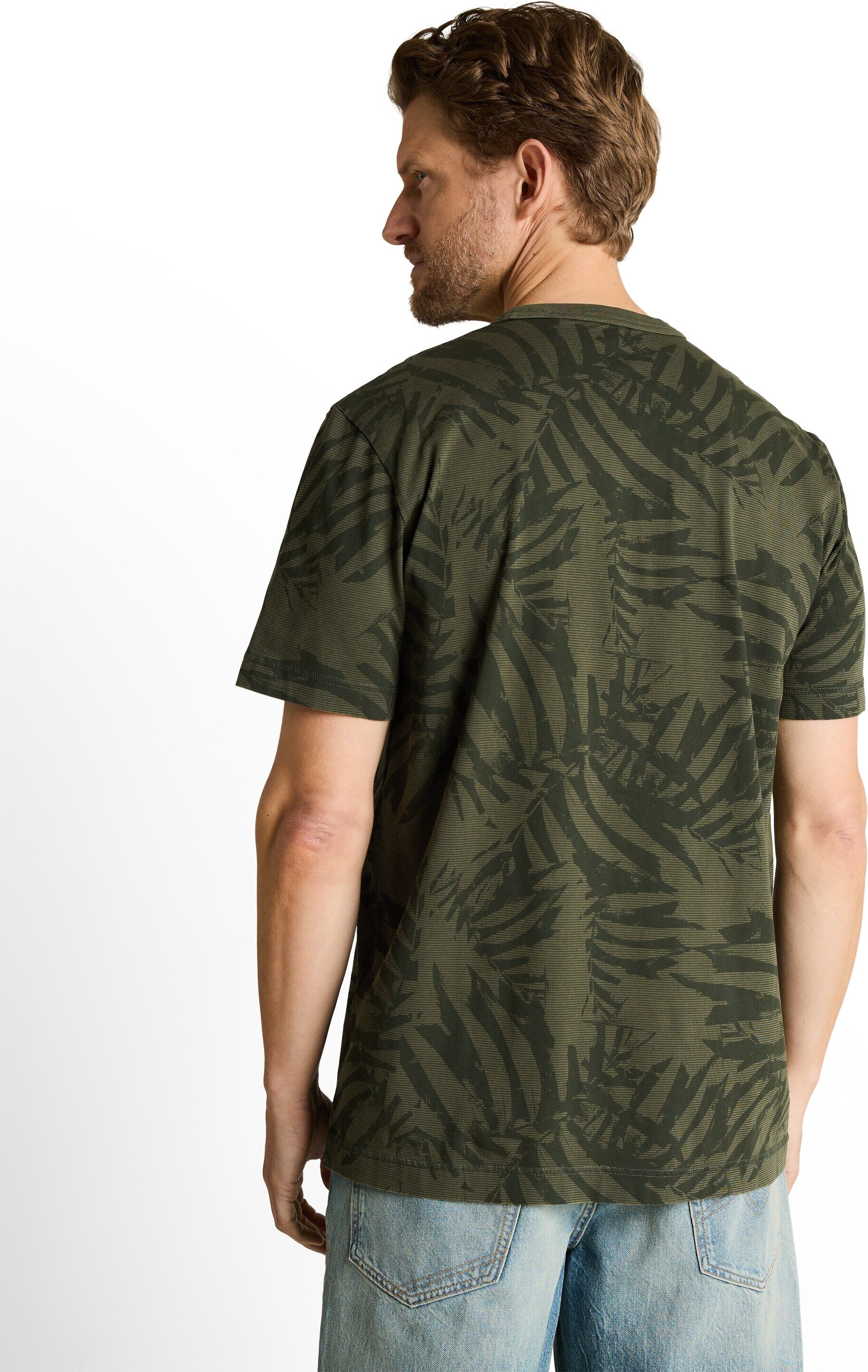 Kurzarmshirt TOM TAILOR, Herren, Gr. XL, grün (grün tonal leaf design), Single Jersey, Obermaterial: 100% Baumwolle, geblümt, regular fit hüftbedeckend, Rundhals, Shirts Kurzarmshirt, mit floralem Allover-Print grün tonal leaf design XL