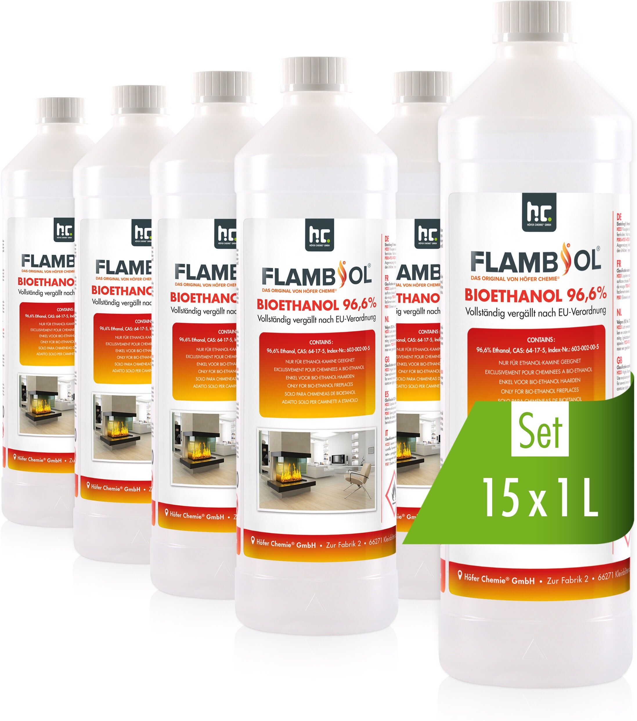 Höfer Chemie GmbH 6x 1 L  Bioéthanol 96,6 % Premium pour cheminée de table à l'éthanol