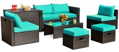 Costway 8 Pieces Patio Space-Saving Rattan Furniture Set with Storage Box and Waterproof Cover-Turquoise