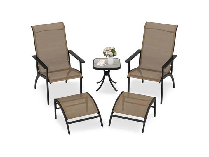 COSTWAY Ensemble 5 PCS Table et Chaises Adirondack de Jardin Chaises de Salon d'Extérieur avec Ottomans et Table d'Appoint Marron