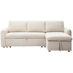 Ecksofa, umwandelbar, reversibel, mit Bettkasten, 3-Sitzer, aus beigefarbenem Cord-Samtstoff und hellem Holz ORSO