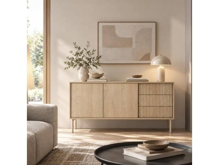 Lomadox Wohnzimmer Kommode in Cremona Eiche, 153 cm breit, Rillenfront, 2 Türen, 3 Schubladen