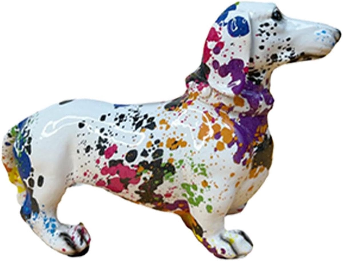 Teckel Beeld met Kleurrijk Graffiti Design - Multicolor Honden Sculptuur - 20 cm Lengte