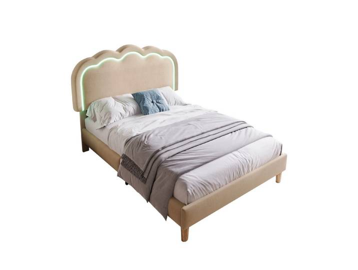 Flieks Polsterbett, LED Beleuchtung Einzelbett mit höhenverstellbarem Kopfteil 90x190cm