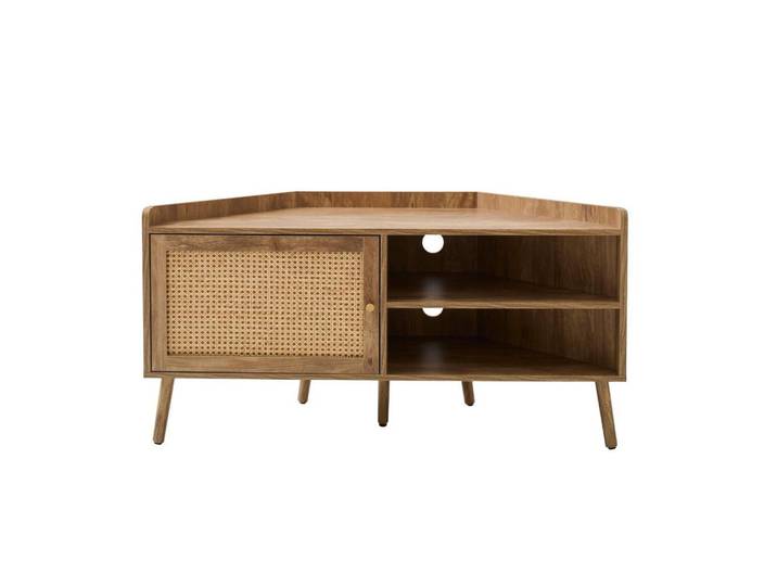 Calicosy Eck-Tv-Möbel mit 1 Tür und Rattanfront sowie 2 offenen Fächern, L120 cm 40/120/60 cm, Apfelbaumfarben, Holzwerkstoff, 40x60x120 cm, Wohnzimmer, TV Möbel, Lowboards, Lowboards stehend