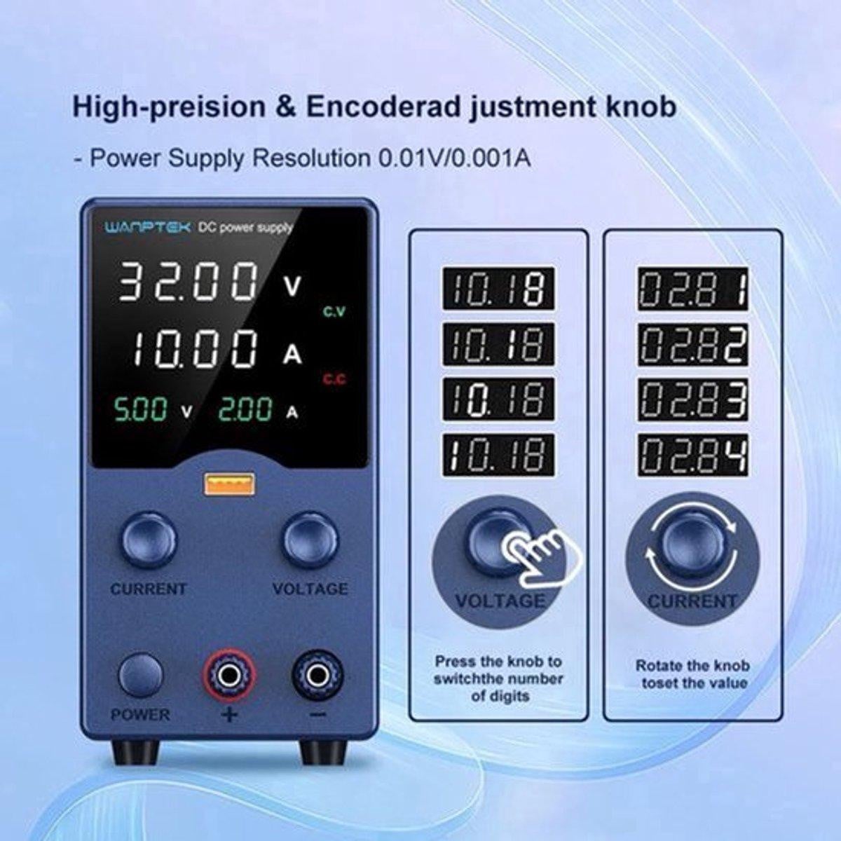 Selius Laboratoriumvoeding - Instelbare DC Stroomvoorziening - 0-32V en 0-10A - USB Uitgang - Compact
