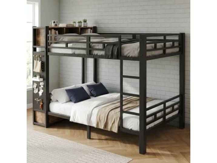YAIXBNG Schwarzes Metall-Etagenbett 120x200 cm mit Stauraum, Kleiderstange, Schublade, Lochwand und offenen Ablagefächern – Stockbett mit multifunktionalem Aufbewahrungssystem