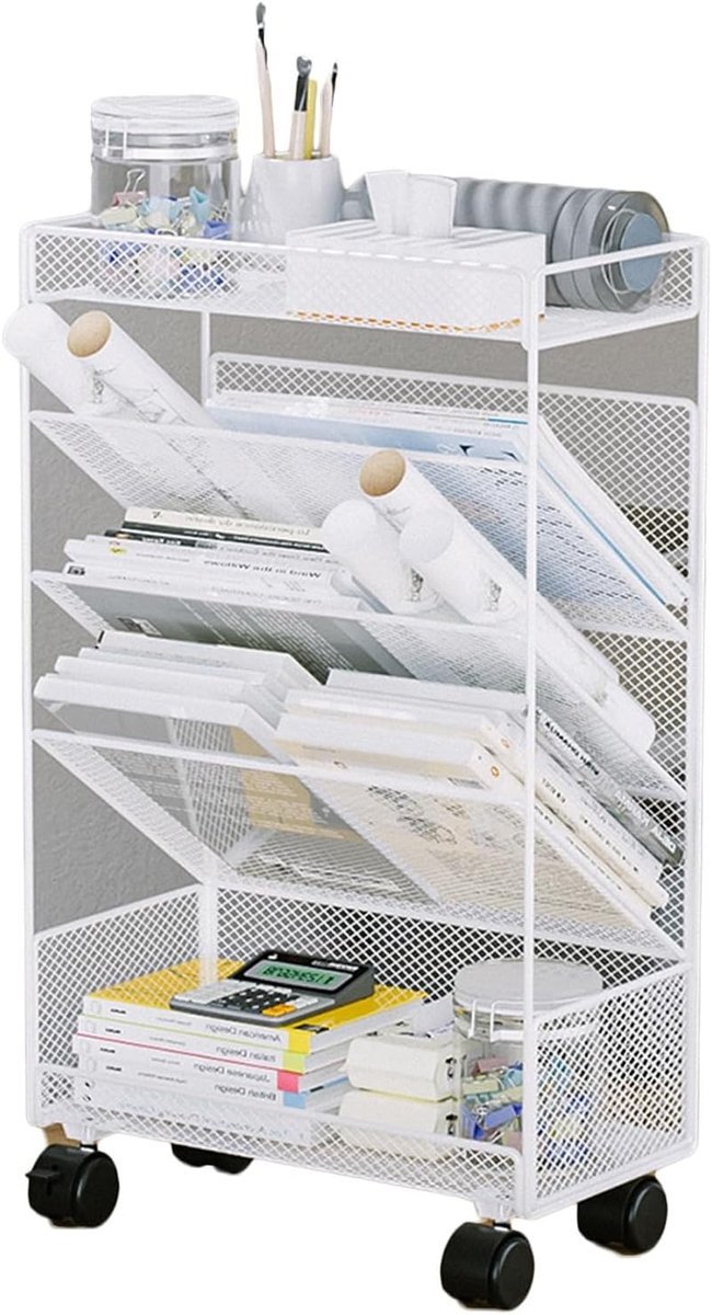 Mobiele boekenplank op wielen met trapeziumvorm in wit - B/D/H: 33,5 x 17 x 57 cm