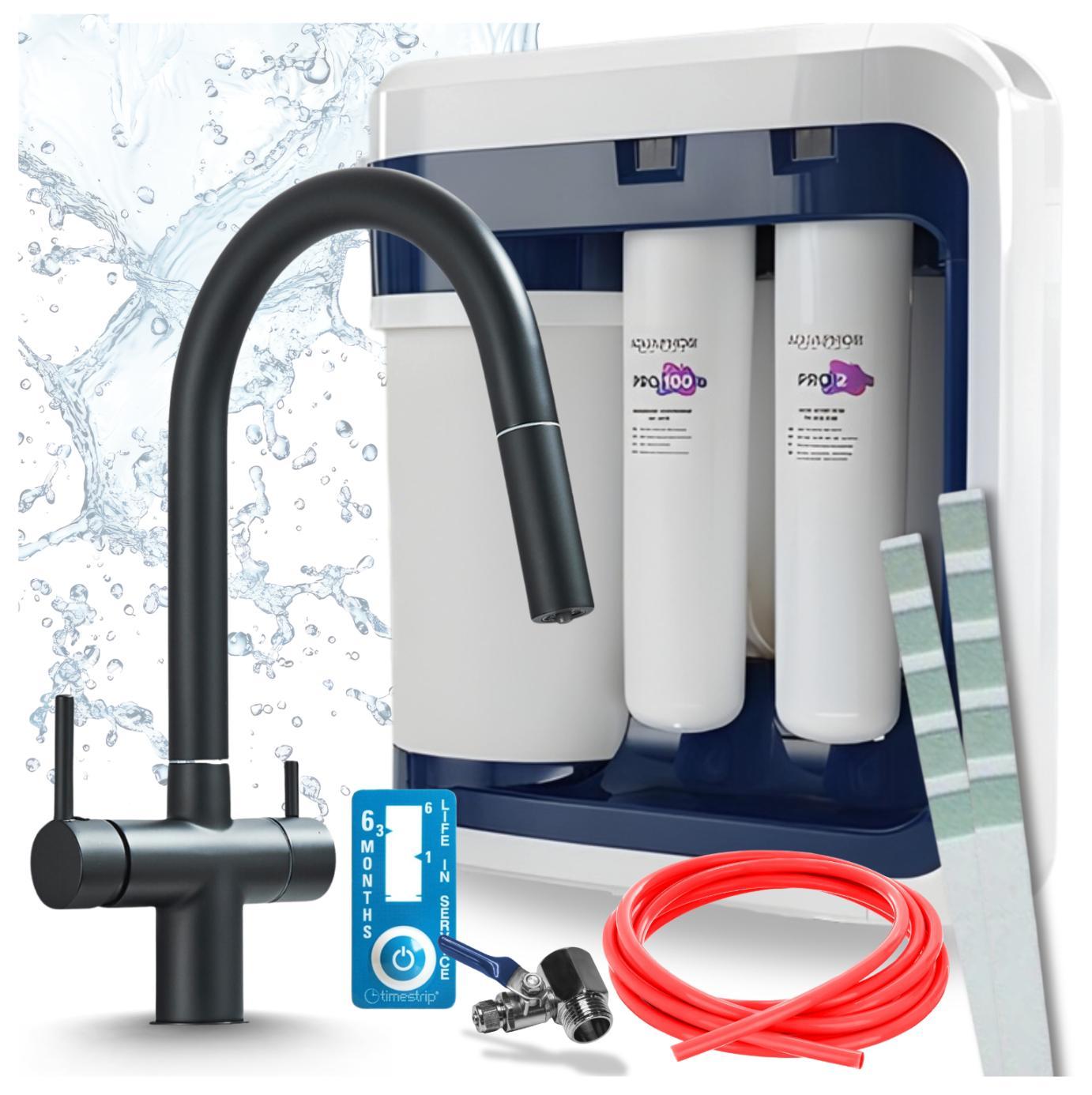 Ari 3-Wege-Küchenarmatur Slender, Schwarz Matt, Ausziehbare Spültischarmatur Im Set Mit Aquaphor Ro-202S Pro Wasserfiltersystem