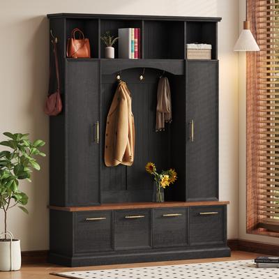 AISWORD "4-IN-1 Elegant Hall Tree with Golden Hooks,Entryway Bench with Adjustable Shelves,76.7""H Farmhouse Wooden Coat & Shoe Rack"