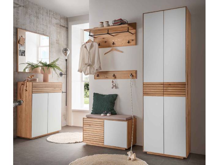 7-teilige Garderobe Riva in Wildeiche mit eleganter Holz-Weißglas-Kombination – 3%-Vorkasse-Rabatt