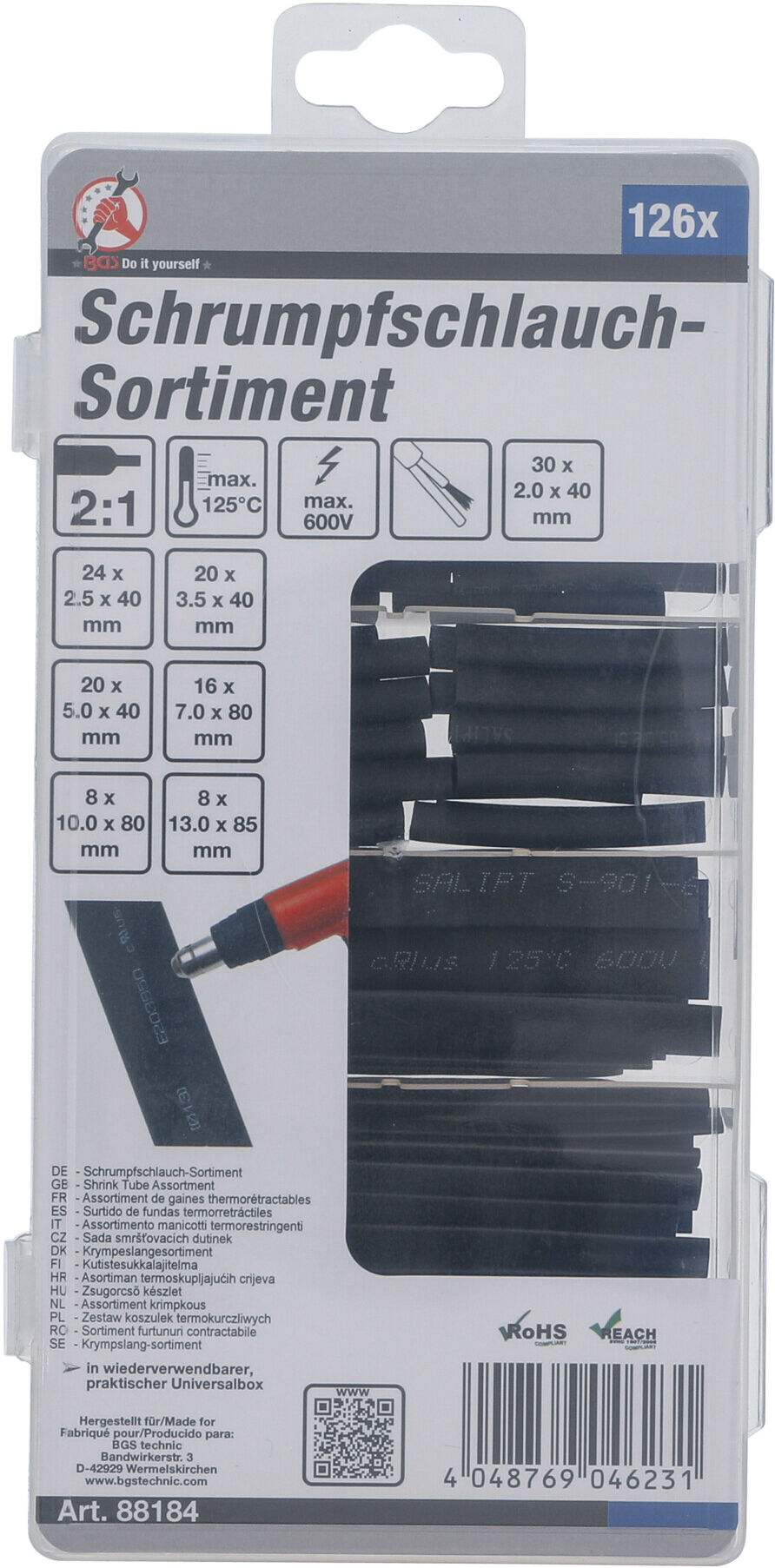 BGS Do it yourself Schrumpfschlauch-Sortiment 88184, schwarz, 126-tlg.)