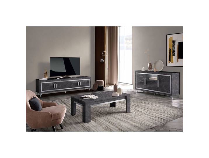 GUEDA - Ensemble Salon Effet Marbre Anthracite Meuble TV + Buffet avec Leds + Table Basse
