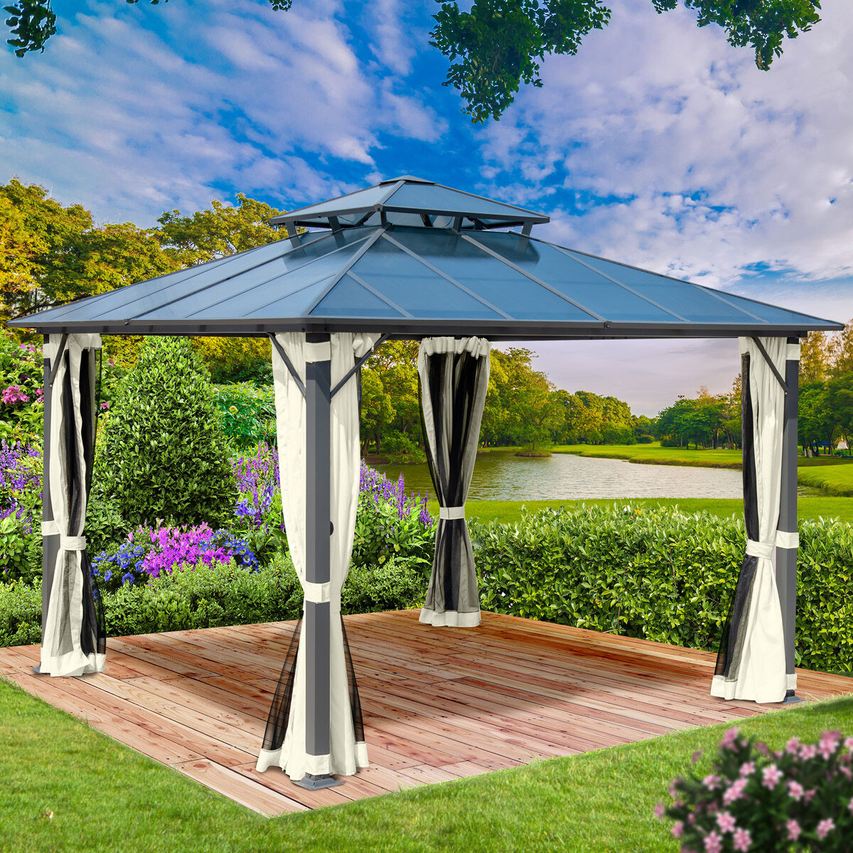 Brast Alu Pavillon PAGODE 4x4m beige mit Moskitonetz