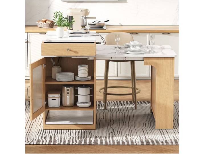 VUENOR ilot central extensible avec roulettes et prises integrees decor naturel et blanc