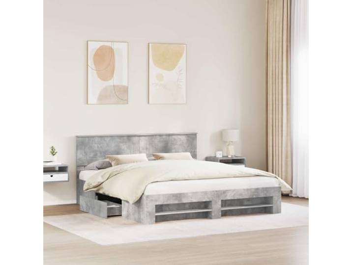 KTHLBRH Bettgestell mit Kopfteil, Zementgrau, 200 x 200 cm Technisches Holz, modernes Design, glatte Oberfläche, Leseständer