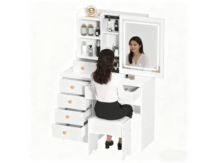 COIFFEUSE AVEC MIRROR LED - BIPLUT - 6 Tiroirs - Tabouret coussiné - Trois modes d'éclairage - Style Moderne - Blanc - 80x132x36cm