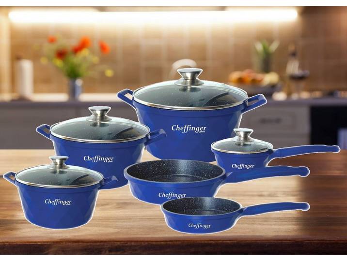 Rungassi Topf-Set Kochtopf Kasserolle Bratpfannen Set 12-tlg DIAC12 Blau, Material: Aluminium, Glas