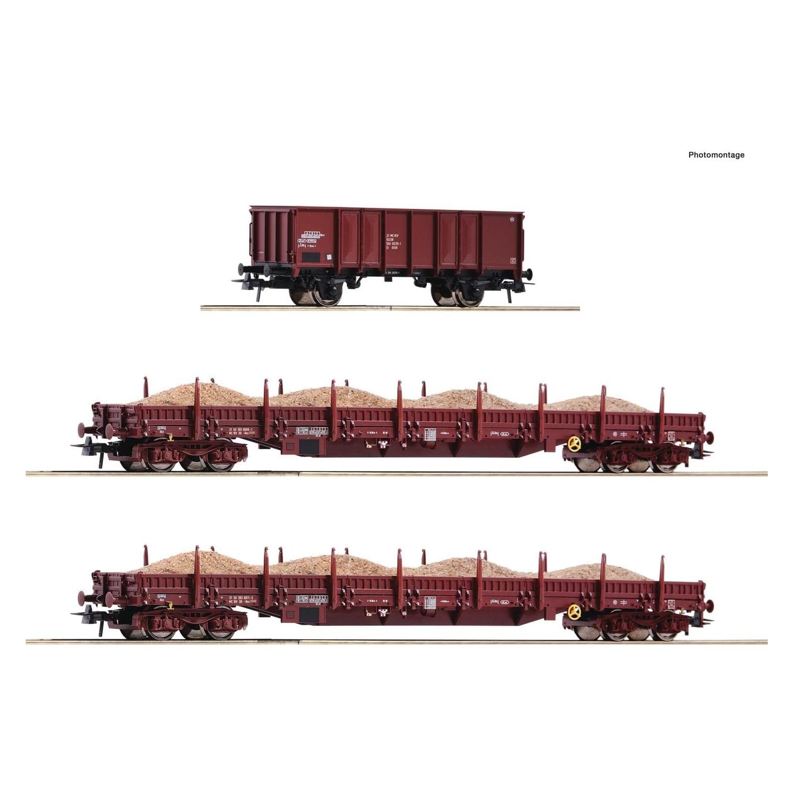 Roco 77041 H0 3er-Set Güterwagen Sandzug der DR Zwei Flachwagen Gattung Res, Offener Güterwagen Gattung (Spur H0) (77041)