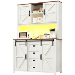 MODFU Küchenschrank Sideboard 115x40x175 cm mit Schiebetüren und Schubladen, verstellbaren Einlegeböden, mit LED-Beleuchtung, Weiß