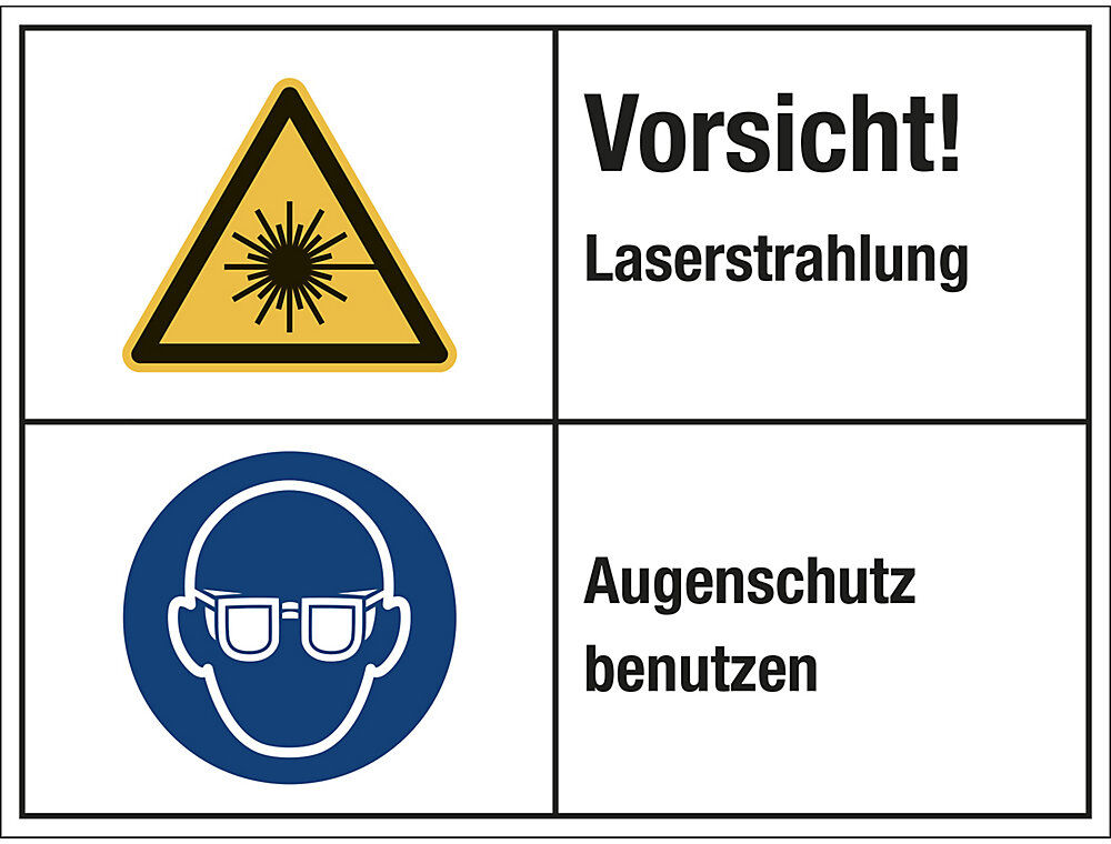 kaiserkraft Kombischilder, Vorsicht! Laserstrahlung / Augenschutz benutzen, VE 10 Stk, Folie, LxH 200 x 150 mm