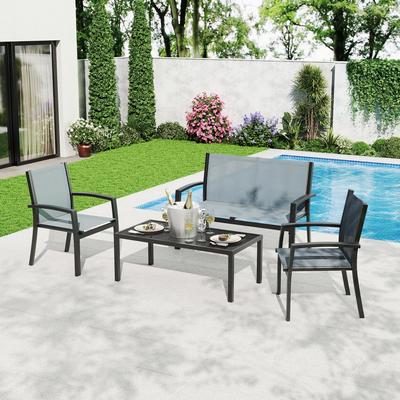 Garvee 4 Piece Pub/Bistro Furniture Set, Conversation Set with 3 Chairs, Loveseat & Glass Coffee Table