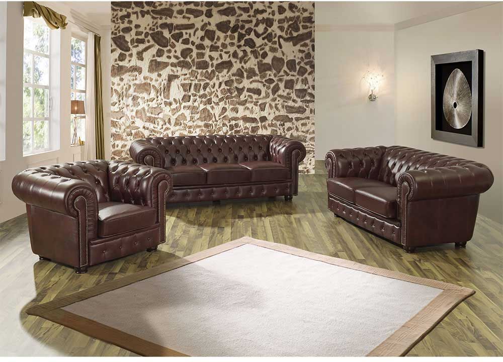 Pharao24.de Braune Polstermöbel Gruppe aus Echtleder Chesterfield Look (dreiteilig)