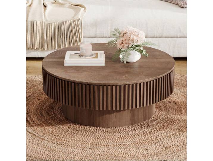 Table basse ronde SENVIRO de rangement à godron 75 x 75 x 35 cm noyer