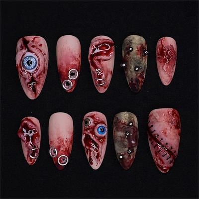 30 Stück mandelförmige Halloween-Press-On-Nägel – 3D-Blutfleck Augapfel-Design, künstliche Nägel für die Halloween-Party