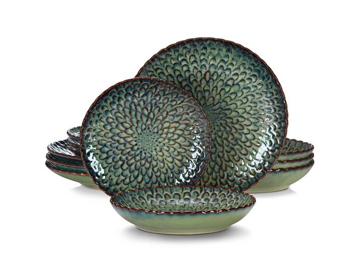 Vancasso – vaisselle verte en céramique, 12/24 pièces, vaisselle en grès, ensemble combiné en céramique texturée, Service pour 6/12 personnes