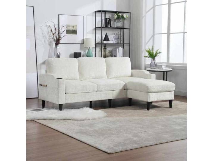 Canapé 4 places - LANGTU - Modulable avec pouf coffre - Tissu chenille blanc - Accoudoirs porte-gobelets
