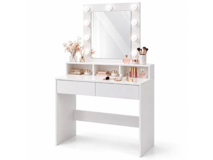 Relaxdays Coiffeuse avec miroir Hollywood éclairage 2 tiroirs 140 x 80 x 40 cm table de maquillage blanche
