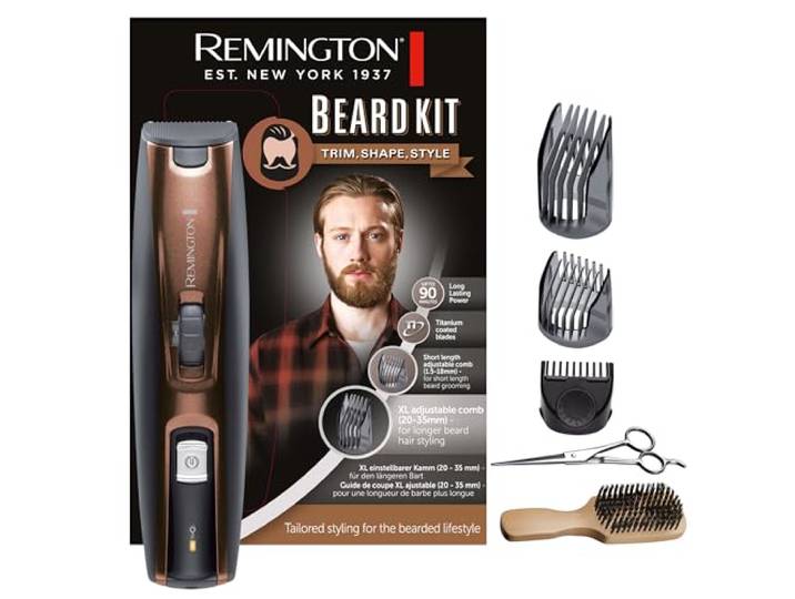 Remington baardkit baardtrimmer, met snoer en draadloze kapper, titaniummesjes, 3 verstelbare kammen, baardborstel en schaar, autonomie van 90 minuten, lithiumbatterij, MB4046