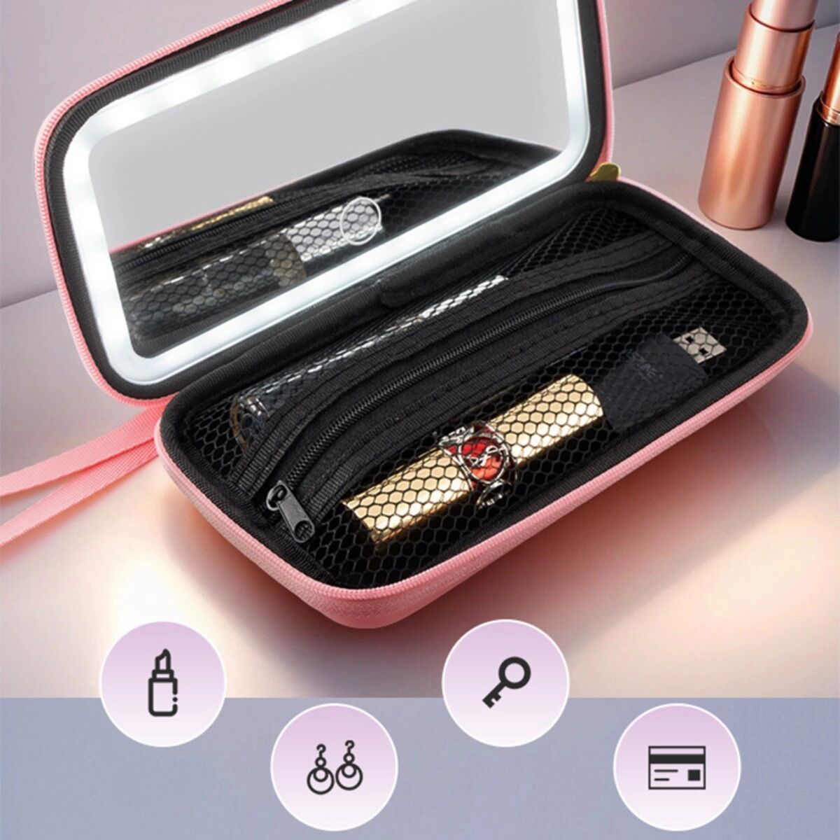 INF Sac de maquillage LED avec miroir - Pochette de voyage éclairée à variateur tactile et fermeture éclair Rose