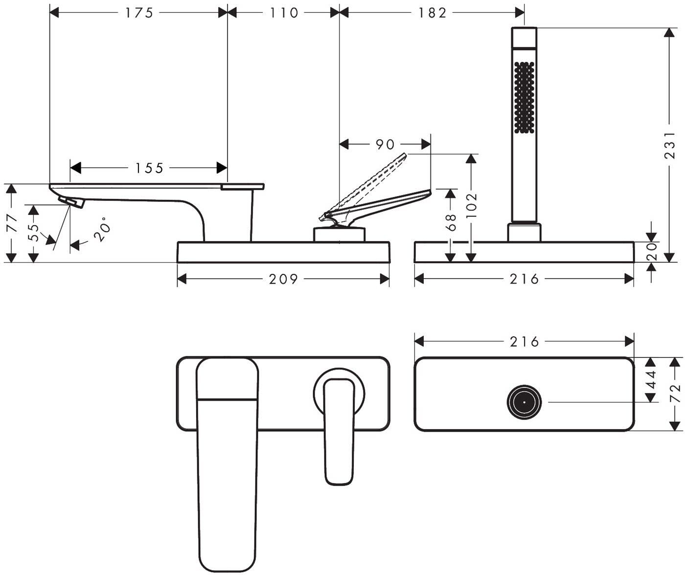 Axor Citterio C 3-Loch Einhebel-Wannenrandarmatur mit Schlauchbox (sBox)